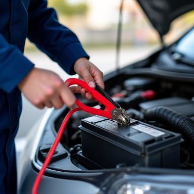 Technicien relançant une voiture à l'aide d’un booster