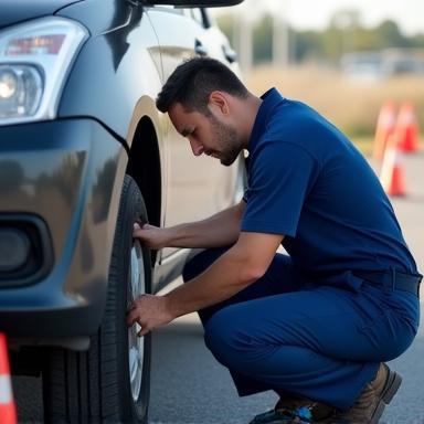 Technicien réparant un véhicule en bord de route