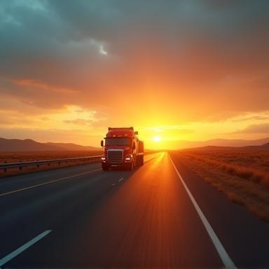 Camion de remorquage sur autoroute au lever du soleil